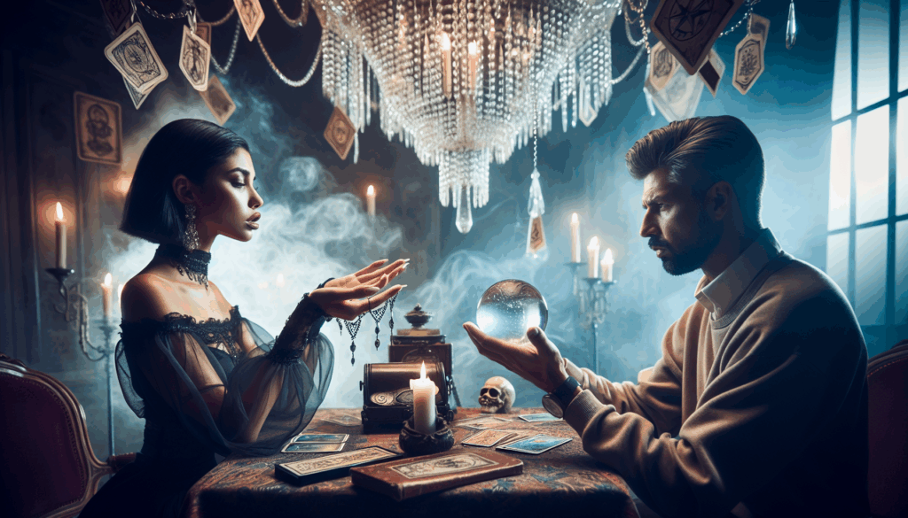 占い師が顧客と対面で占いを行っているシーン