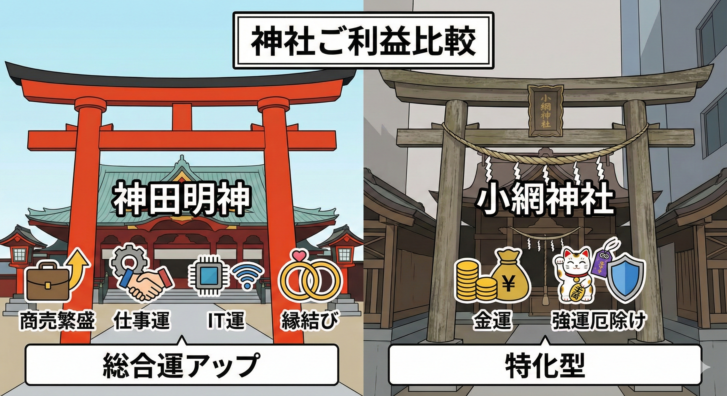 神田明神と小網神社のご利益を比較した概念図
